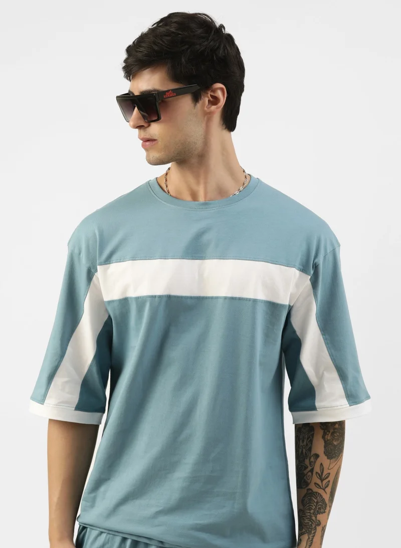 Maniac Men's 3-4th sleeve Round Neck Blue and White Cotton Slim Fit Tshirt