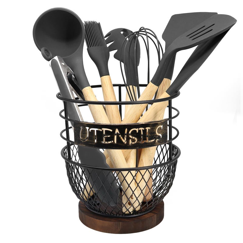 SODSAI Large Utensils Holder in Sleek Matte Black with Rustic Wooden Base for Modern Kitchens  Spacious Rustproof Organizer for Cooking Utensils Countertop Essentials  More