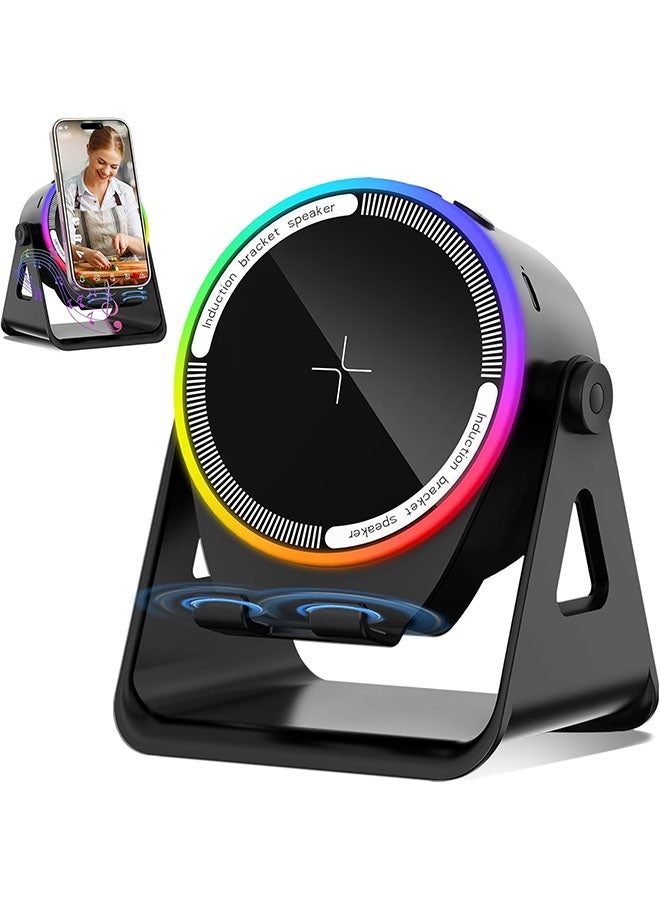 مكبر صوت لاسلكي، حامل هاتف بلوتوث متعدد الوظائف مع إضاءة RGB ودوران 360 درجة، صوت محيطي عالي الدقة، متوافق مع أجهزة iPhone/iPad/Android/Samsung - أسود - Image 2