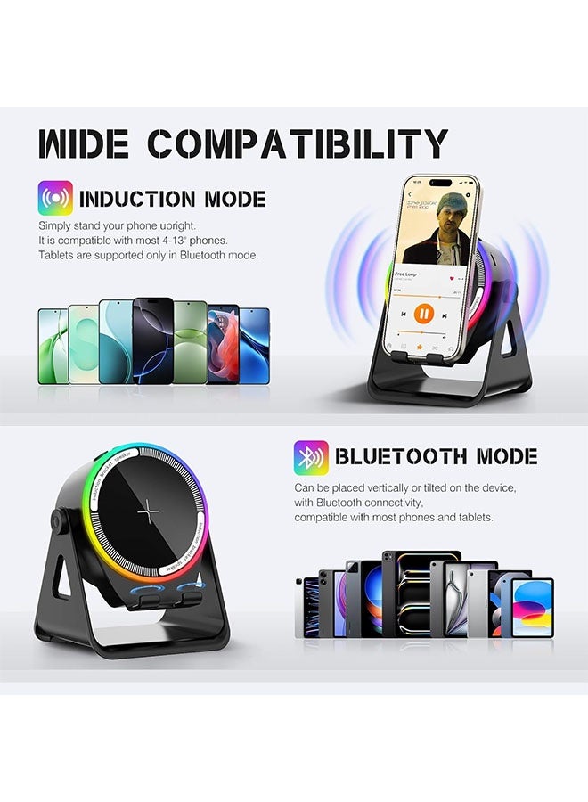 مكبر صوت لاسلكي، حامل هاتف بلوتوث متعدد الوظائف مع إضاءة RGB ودوران 360 درجة، صوت محيطي عالي الدقة، متوافق مع أجهزة iPhone/iPad/Android/Samsung - أسود - Image 3