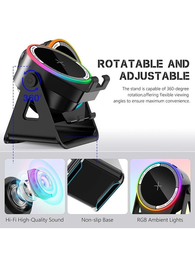 مكبر صوت لاسلكي، حامل هاتف بلوتوث متعدد الوظائف مع إضاءة RGB ودوران 360 درجة، صوت محيطي عالي الدقة، متوافق مع أجهزة iPhone/iPad/Android/Samsung - أسود - Image 4