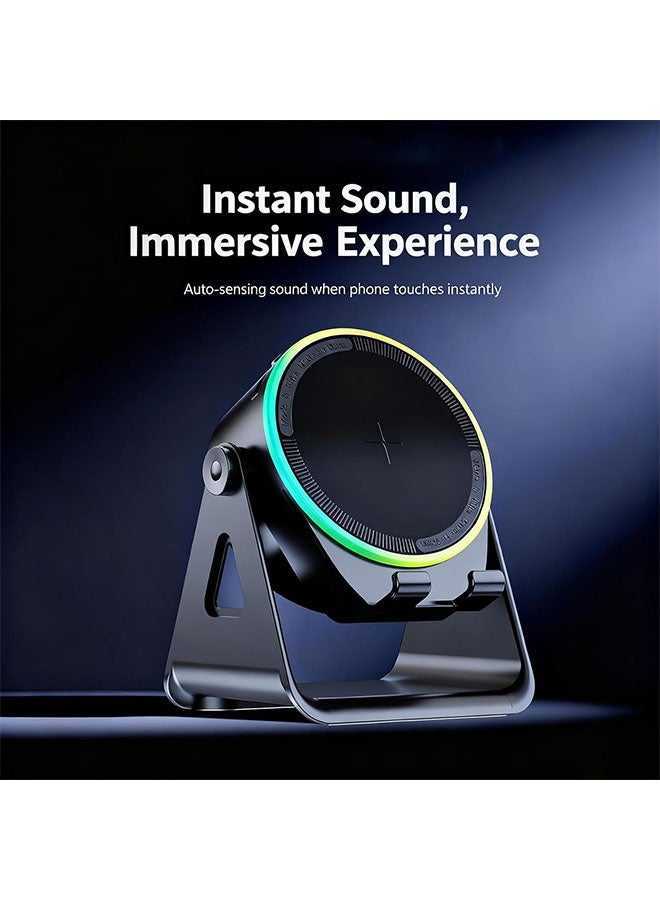 مكبر صوت لاسلكي، حامل هاتف بلوتوث متعدد الوظائف مع إضاءة RGB ودوران 360 درجة، صوت محيطي عالي الدقة، متوافق مع أجهزة iPhone/iPad/Android/Samsung - أسود - Image 1