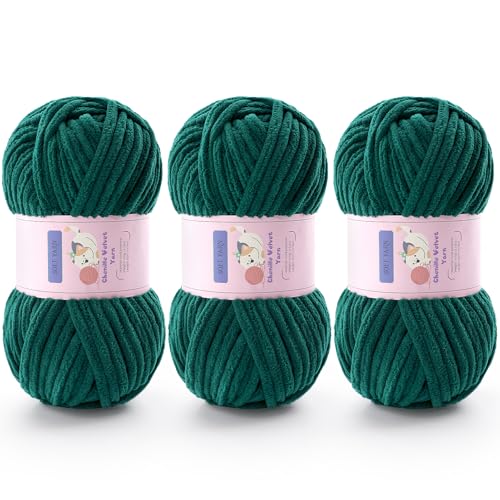 Mooaske 3 Pack Chunky Yarn for Crocheting - Chenille Bulky Blanket Yarn for Crochet and Knitting Blankets, Amigurumi, Craft, Hat, Shoes, Plush Fluffy Soft 71 yds/3.5 oz Each Skein (Dark Green) - Image 1