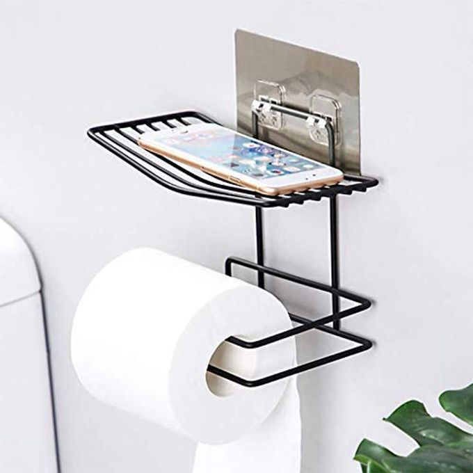 BATHROOM TISSUE PAPER HOLDER WALL MOUNTED SELF ADHESIVE TOILET PAPER ROLL HOLDER WITH SOAPMOBILE STANDTOWEL TISSUE HOLDER RACK WITH MOBILE PHONE STORAGE SHELF RACKBLACK METAL