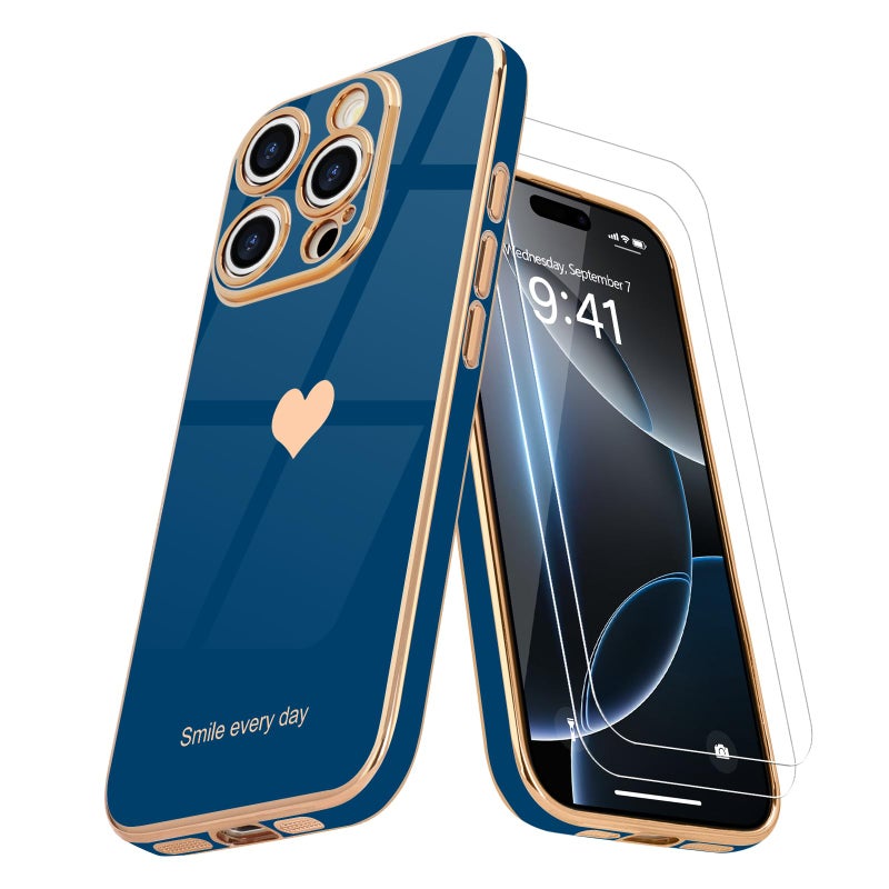 Teageo for iPhone 16 Pro Case with Screen Protector [2 Pack] Girl Women Cute Girly Love-Heart Luxury Gold Soft Cover Camera Protection Shockproof Phone Case for iPhone 16 Pro, Royal Blue - Image 1