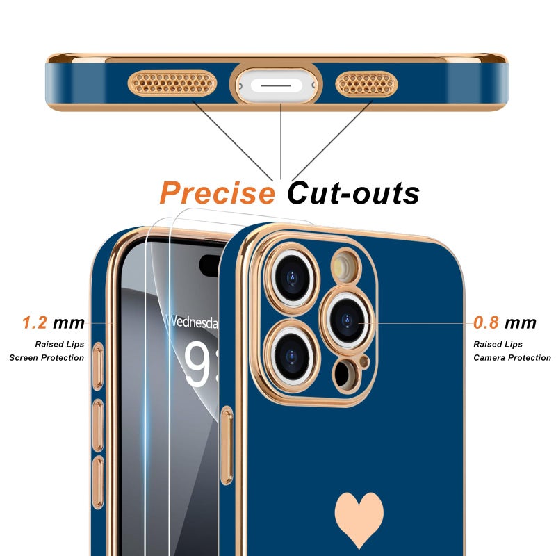 Teageo for iPhone 16 Pro Case with Screen Protector [2 Pack] Girl Women Cute Girly Love-Heart Luxury Gold Soft Cover Camera Protection Shockproof Phone Case for iPhone 16 Pro, Royal Blue - Image 2