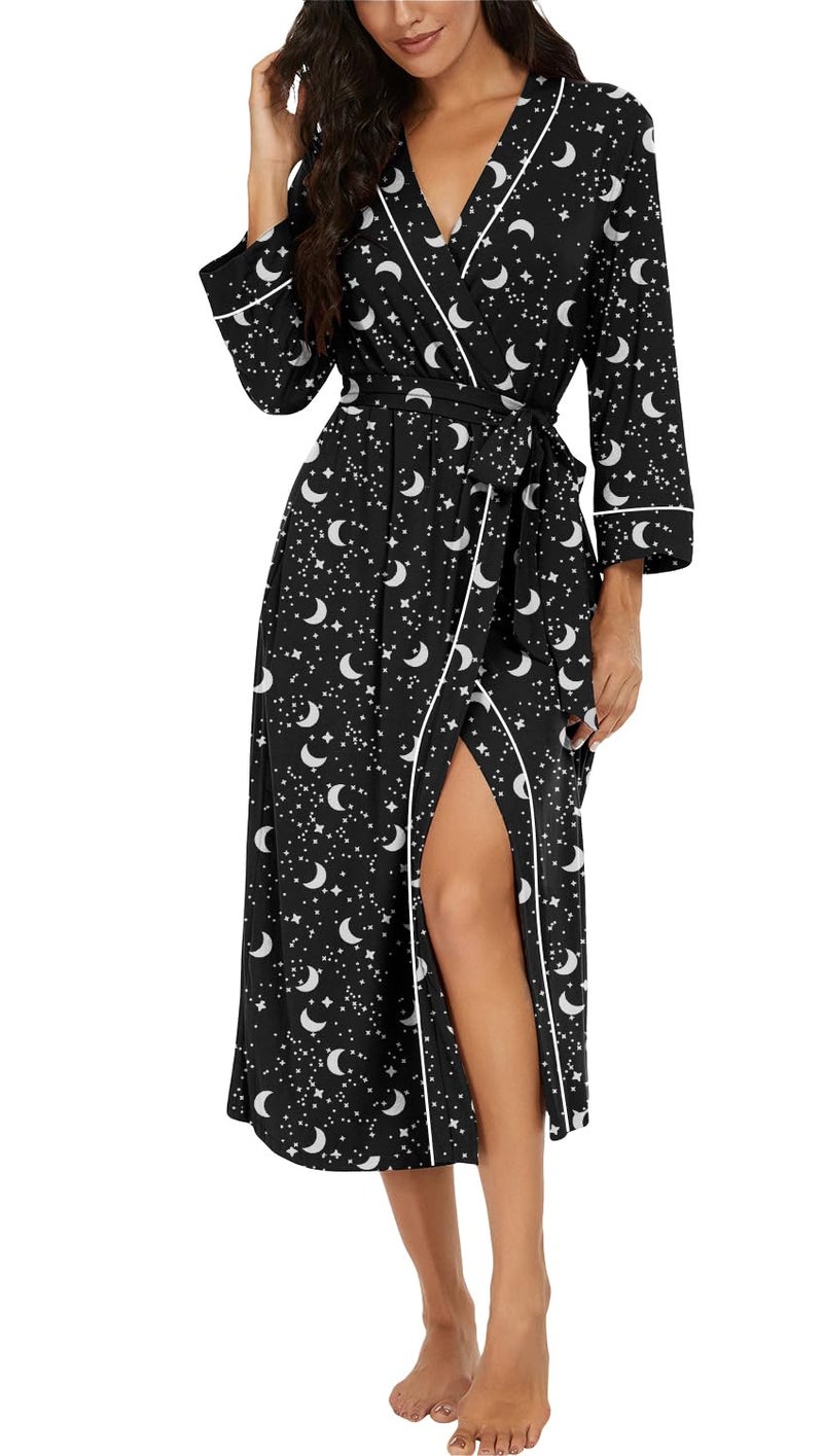 PrinStory Womens Robe Long Kint Bathrobe Lightweight Soft Robes Ladies Bath Robe Black Star Moon-2XL - Image 1