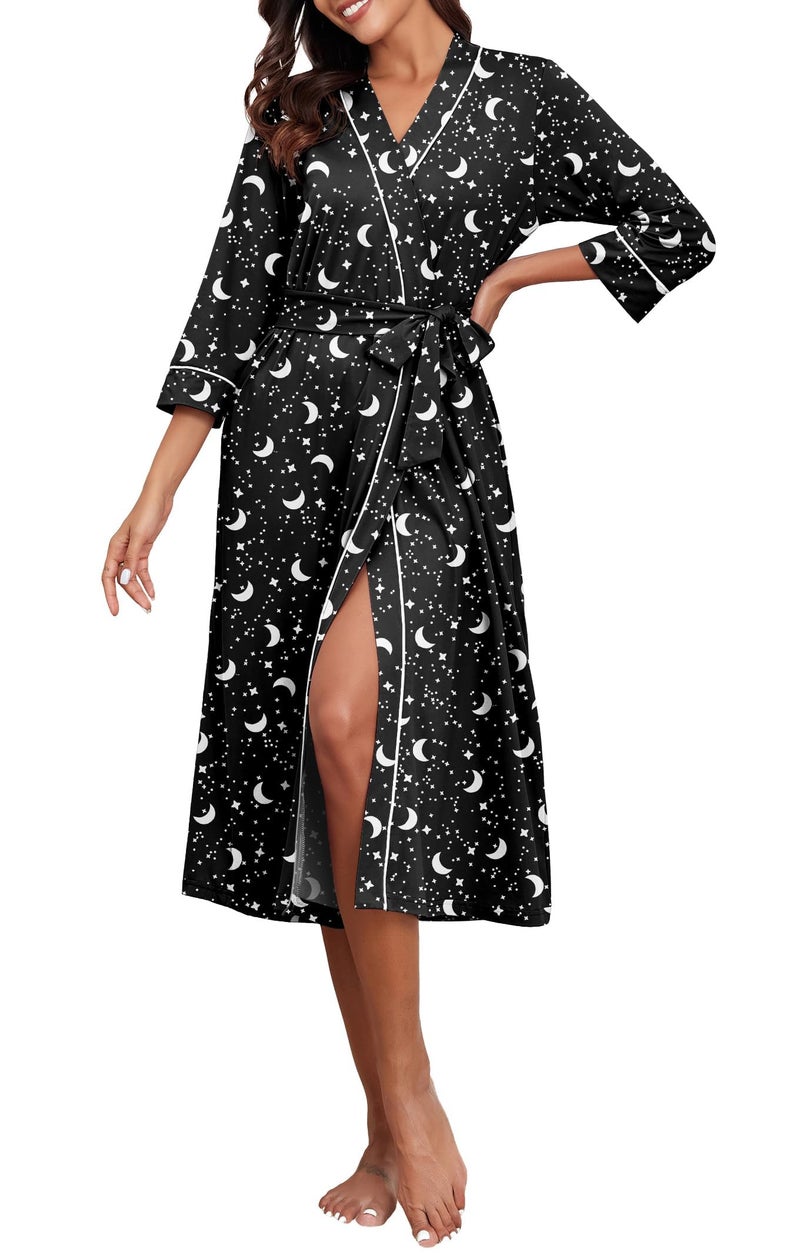 PrinStory Womens Robe Long Kint Bathrobe Lightweight Soft Robes Ladies Bath Robe Black Star Moon-2XL - Image 2