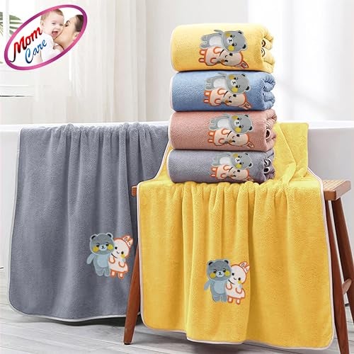 MOM CARE Cotton Microfibre Bath Towels for Kids -Extra Soft/Quick Dry/Strong Water Absorbent/Bathing Towel for Kids,Boys and Girls (1Pcs) Random Color L-70Cm X B-140Cm, 450 Tc, Multicolor - Image 2