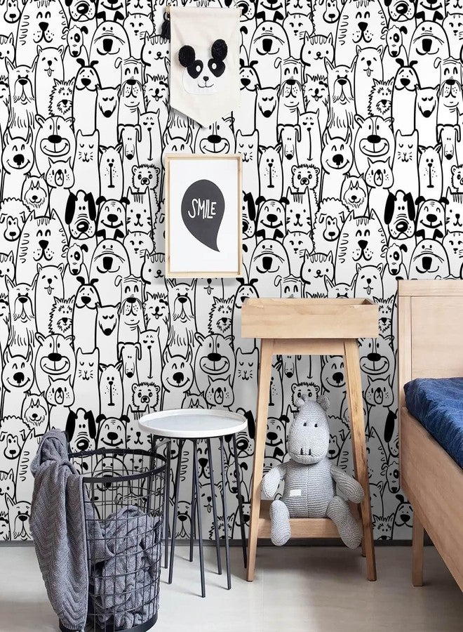 Ismoon Peel and Stick Wallpaper Black and White Contact Paper 17.3x118in Modern Dog Stick on Wallpaper Puppy Removable Self Adhesive Wall Paper for Kids Bedroom Vinyl Wall Decor - Image 2