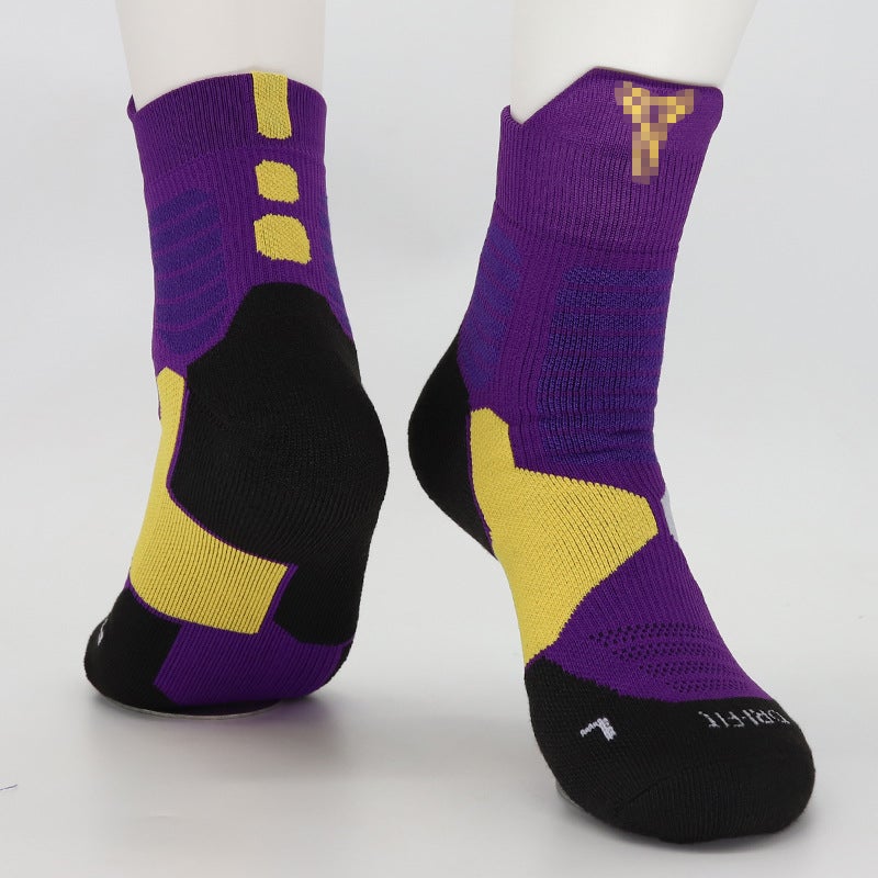 Kids High-Top Basketball Socks Elite Cotton Kobe purple socks yellow pattern