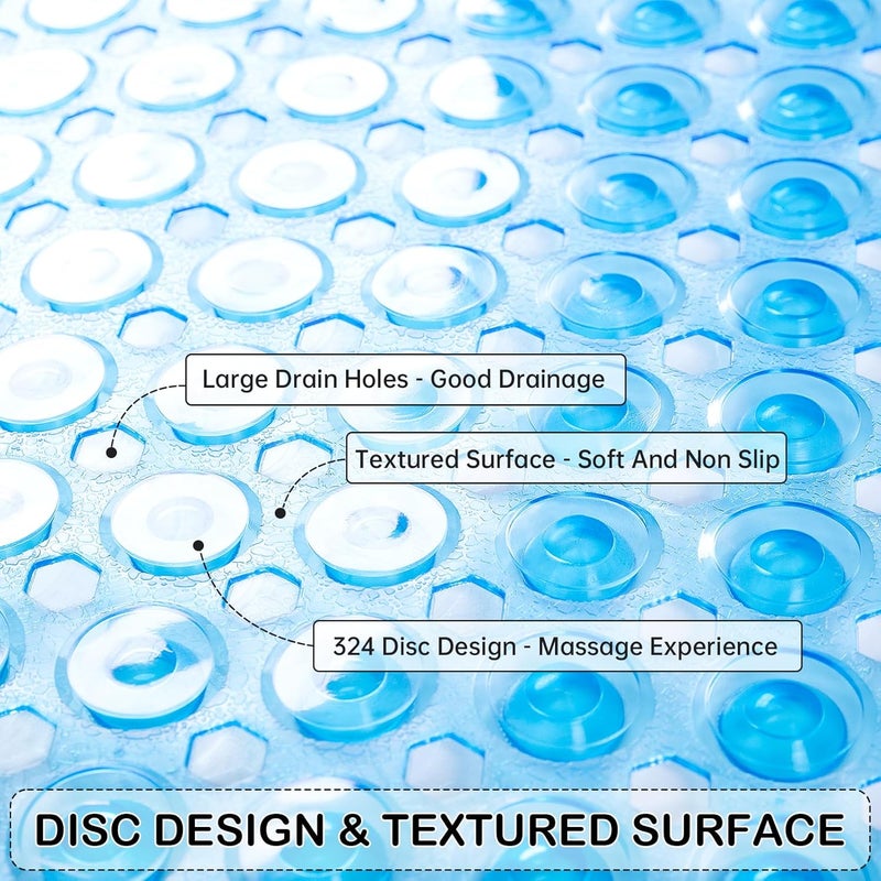 Linoows Non-Slip Bathtub and Shower Mats, Power Grip Bath Mat 35 x 16.3 Inch with Suction Cups and Drain Holes for Tub Bathroom Floor Safety, Machine Washable Soft Bathmat, Clear Blue - Image 2