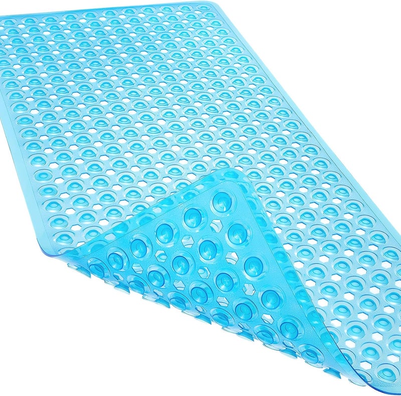 Linoows Non-Slip Bathtub and Shower Mats, Power Grip Bath Mat 35 x 16.3 Inch with Suction Cups and Drain Holes for Tub Bathroom Floor Safety, Machine Washable Soft Bathmat, Clear Blue - Image 1