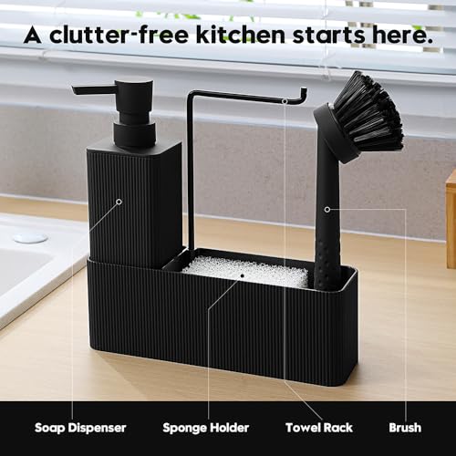YAUKPH 4 in 1 Kitchen Soap Dispenser Set - Soap Dispenser Brush Sponge Holder Towel Rack (Striped Black) - Image 4