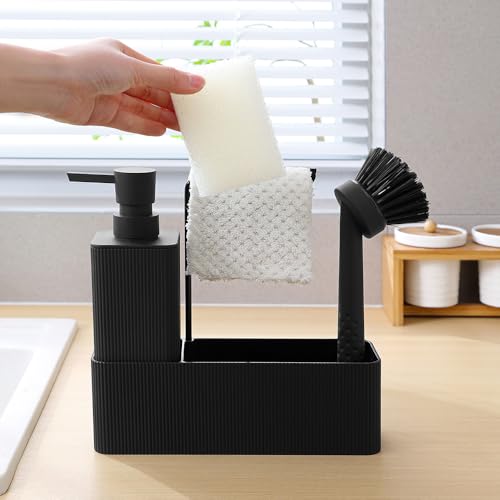 YAUKPH 4 in 1 Kitchen Soap Dispenser Set - Soap Dispenser Brush Sponge Holder Towel Rack (Striped Black) - Image 5