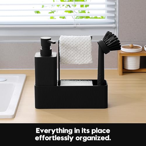 YAUKPH 4 in 1 Kitchen Soap Dispenser Set - Soap Dispenser Brush Sponge Holder Towel Rack (Striped Black) - Image 2