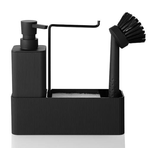 YAUKPH 4 in 1 Kitchen Soap Dispenser Set - Soap Dispenser Brush Sponge Holder Towel Rack (Striped Black) - Image 1
