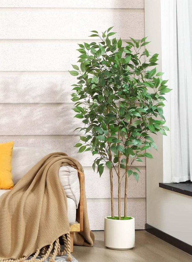 Ficus Artificial Tree 180CM Tall Fake Ficus Tree for Home Decor Indoor Faux Silk Ficus Plant Fake Floor Plant in White Imitation Ceramic Planter with Green Fake Moss, Set of 1