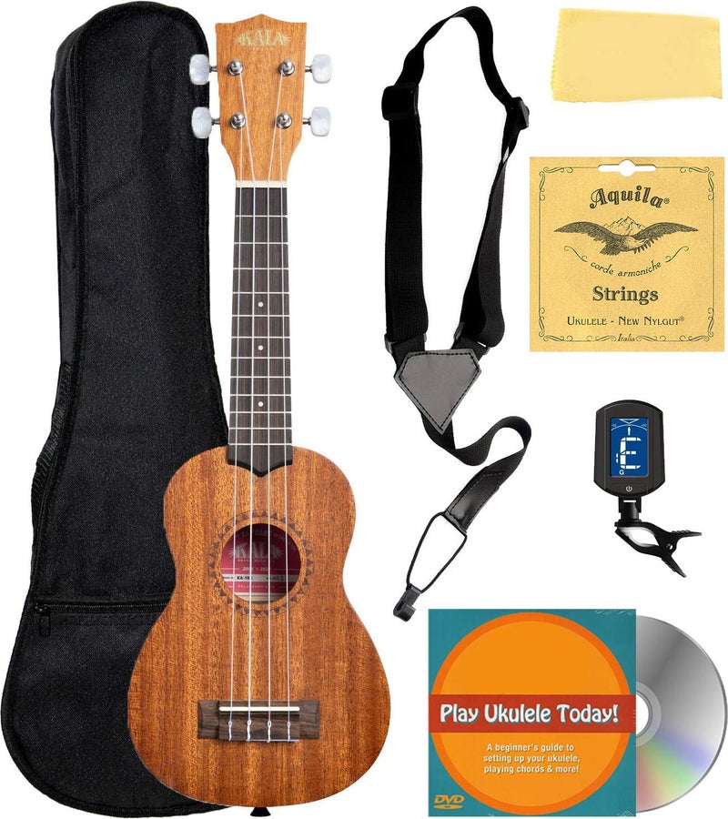 Kala KA-15S Satin Mahogany Soprano Ukulele Bundle with Gig Bag, Tuner, Strap, Fender Play, Austin Bazaar Instructional DVD, and Polishing Cloth - Image 1