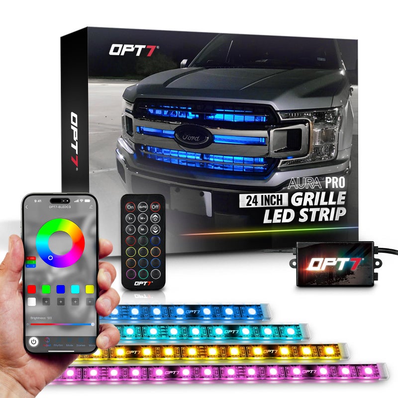 OPT7 Aura Pro RGB LED Grille Lights with App Remote Control 4pc 24 Light Strips Waterproof Front Grill Lighting Music Sync MultiColor Trucks Decor Accessories for Tacoma Tundra 4Runner
