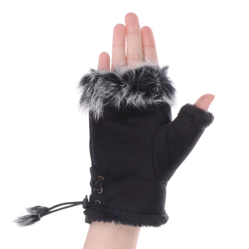 ITODA Suede Women Fingerless Gloves Warm Wrist Faux Fur Half Finger Driving Texting Winter Fuzzy Cold Weather Warmer Mitten - Image 2