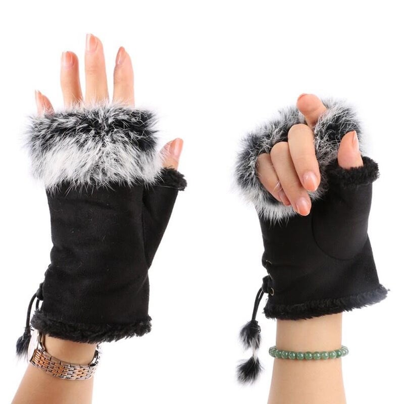 ITODA Suede Women Fingerless Gloves Warm Wrist Faux Fur Half Finger Driving Texting Winter Fuzzy Cold Weather Warmer Mitten - Image 1