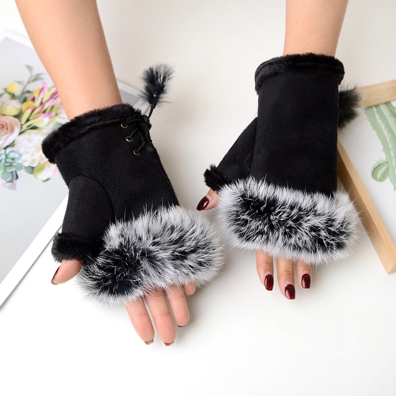 ITODA Suede Women Fingerless Gloves Warm Wrist Faux Fur Half Finger Driving Texting Winter Fuzzy Cold Weather Warmer Mitten - Image 3