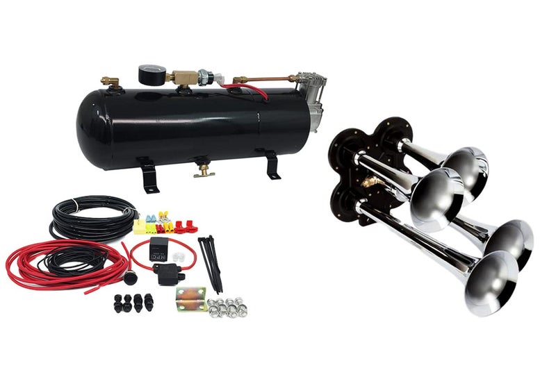 MPC 4 Trumpet Train Air Horn Kit Fits Almost Any Vehicle Truck Car Jeep SUV Includes Four Chrome Trumpets with AllInOne Air System 110 PSI 12Volt Air Compressor Tank More Complete Kit