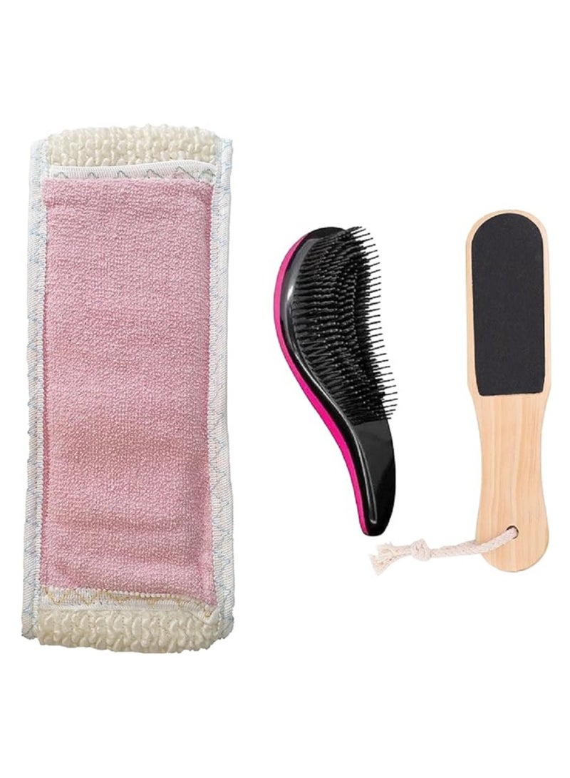 Generic Body and hair cleaning tools including a set of three foot scrubbers, a plastic hair brush, and a sponge bath glove suitable for all ages.  - Image 1