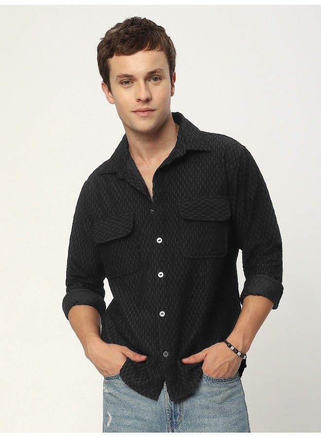Beyoung Black Terry Textured Shirt - Image 1