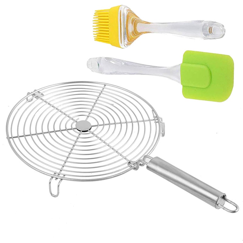 IDEAL PRIME IDEAL PRIME Durable Stainless Steel Round Roti Jali Roaster with Resistance Handle and Silicon Brush & Spatula Combo Set Steel Papad Jali tandoor Grill Barbeque Item Kitchen Tools Pack of 2  - Image 1