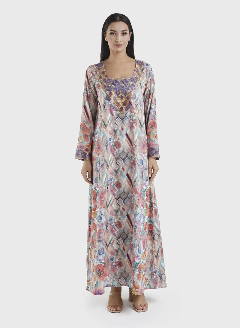 KASHKHA Cotton Satin Multicolor Abstract Print Jalabiya (VG2890)