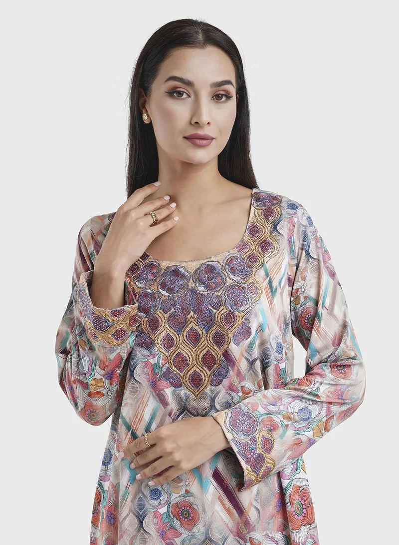 KASHKHA Cotton Satin Multicolor Abstract Print Jalabiya (VG2890)