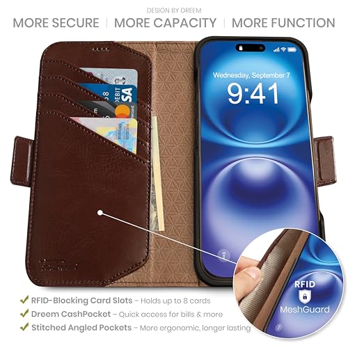 Dreem Wallet Case for iPhone 16 Plus Revolutionary VertHor Phone Stand Magnetic Detachable Vegan Leather Flip Cover RFID Blocking Card Holder MagSafeFit Gift Box Fibonacci Coffee - Image 3