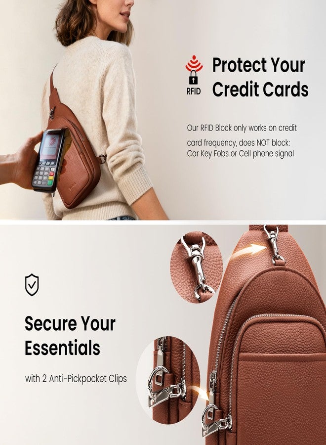 befen Real Leather Small Sling Bag for Women Anti Theft Crossbody Chest Bags Multi-Pockets Fanny Pack with RFID Blocking Card Slots Cognac Brown - Image 3