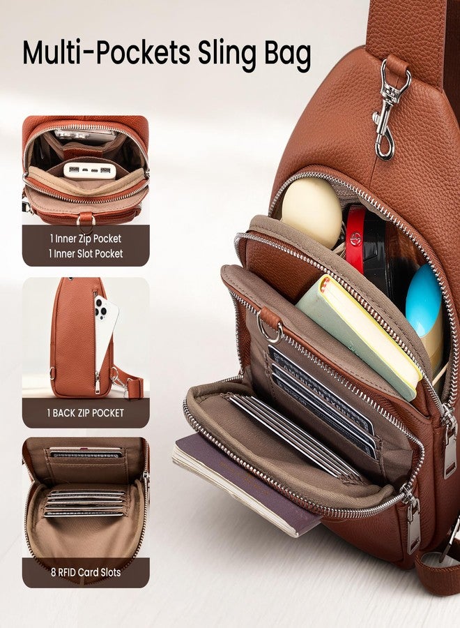 befen Real Leather Small Sling Bag for Women Anti Theft Crossbody Chest Bags Multi-Pockets Fanny Pack with RFID Blocking Card Slots Cognac Brown - Image 4