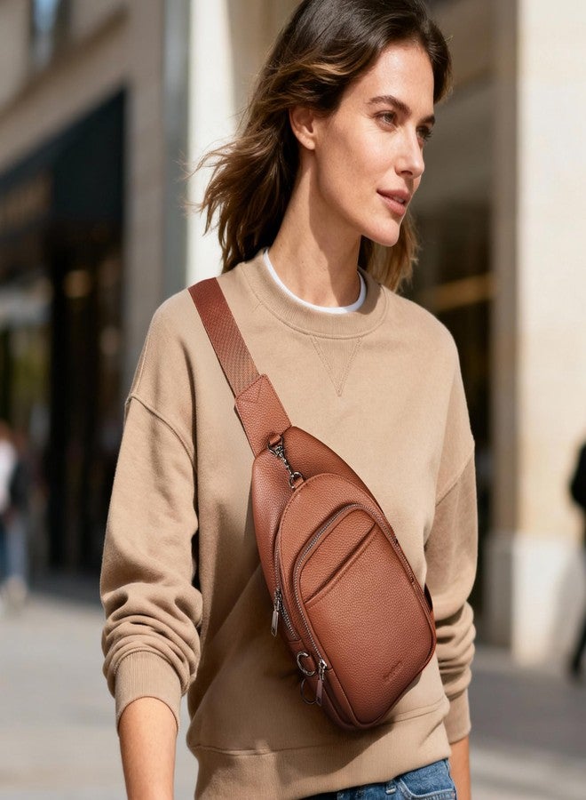 befen Real Leather Small Sling Bag for Women Anti Theft Crossbody Chest Bags Multi-Pockets Fanny Pack with RFID Blocking Card Slots Cognac Brown - Image 2