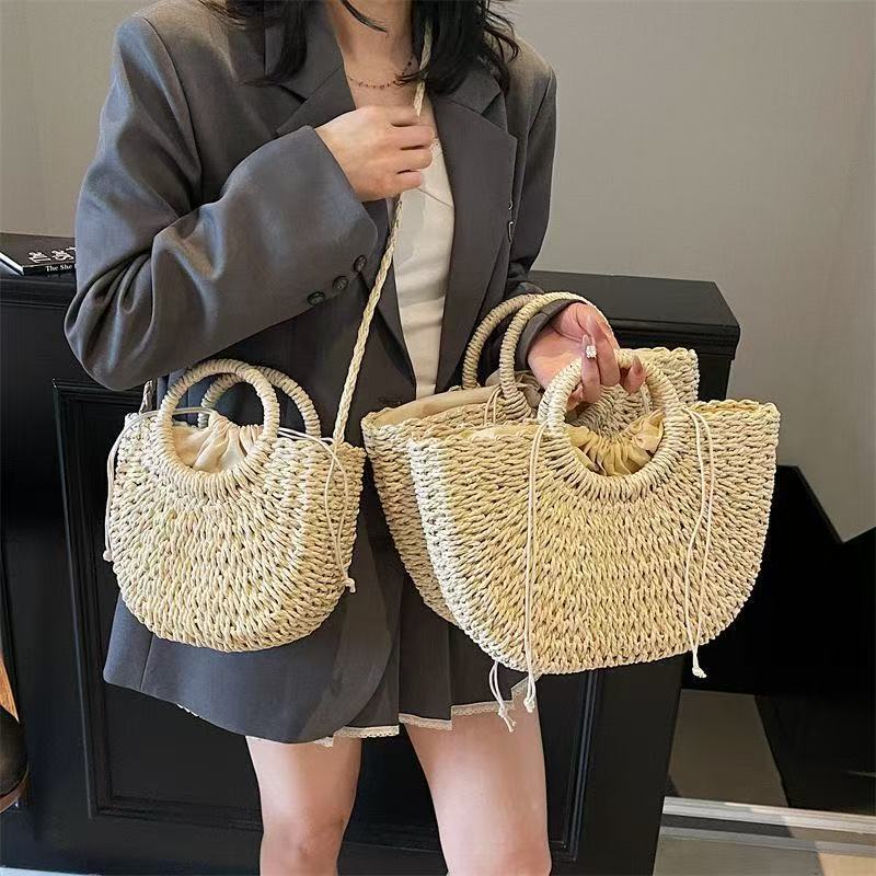 Handwoven Paper Rope Round Bucket Bag Women's Beach Handbag - Image 1