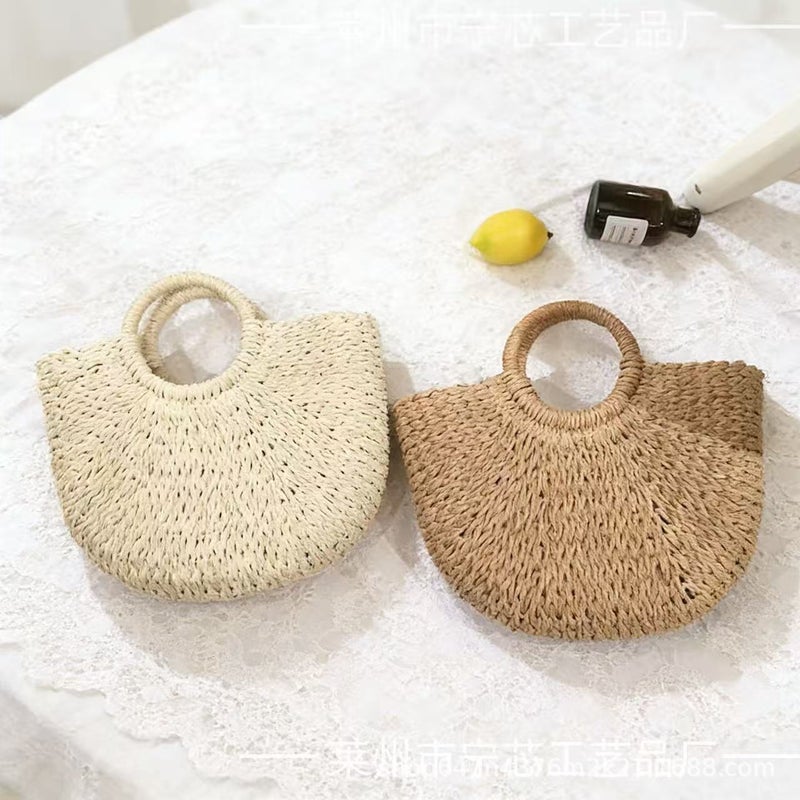 Handwoven Paper Rope Round Bucket Bag Women's Beach Handbag - Image 4