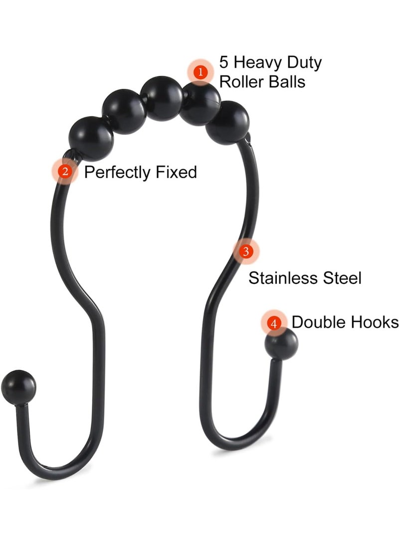 Shower Curtain Hooks, 12 Pcs Shower Curtain Rings, Stainless Steel Black Shower Curtain Hooks, Shower Curtain Rings Rust Proof, Smooth Sliding Anti-Drop Double Shower Rings for Curtain (Black) - Image 2