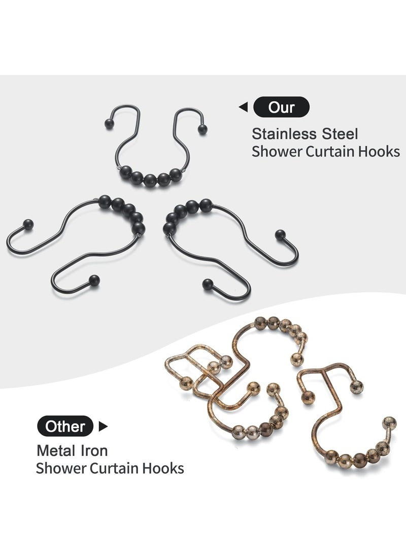 Shower Curtain Hooks, 12 Pcs Shower Curtain Rings, Stainless Steel Black Shower Curtain Hooks, Shower Curtain Rings Rust Proof, Smooth Sliding Anti-Drop Double Shower Rings for Curtain (Black) - Image 3