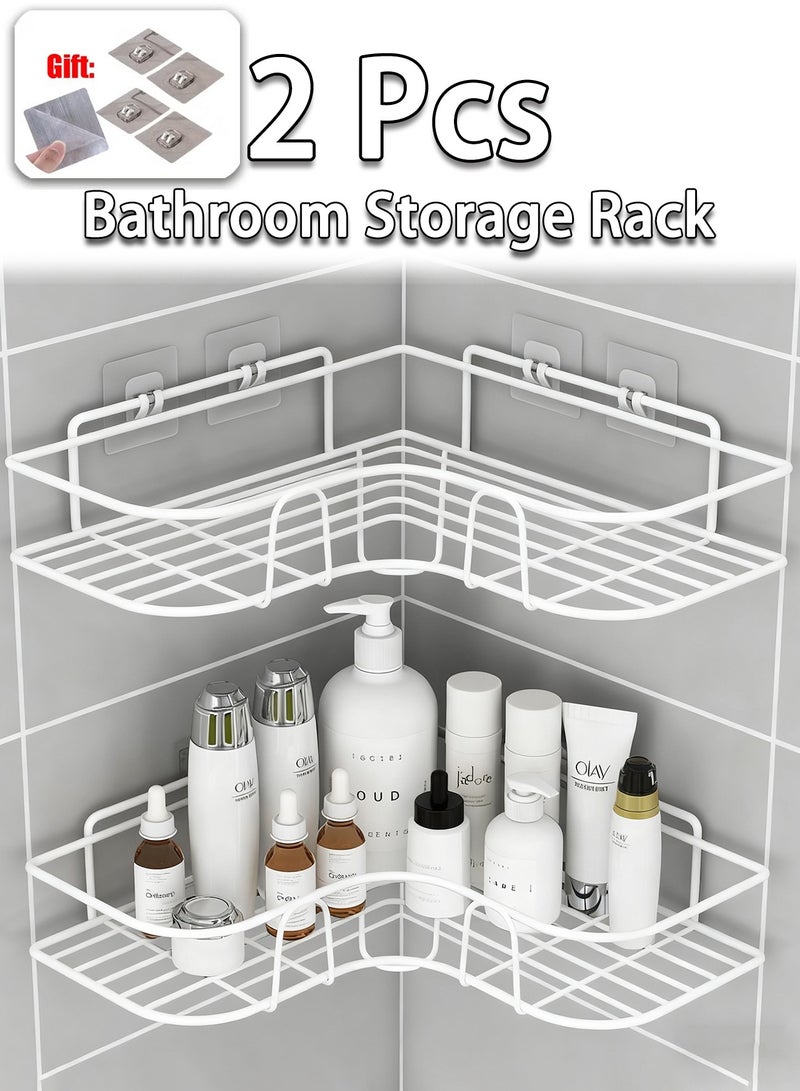 Bathroom Storage Rack 2PCS Set, Corner Shower Caddy Shelf, Adhesive Bathroom Organizer Rack – No Drilling Stainless Steel Shower Shelf for Bathroom, Kitchen, Dorm, Space-Saving Storage Design – White (Comes with 4 Adhesive Hooks) - Image 1