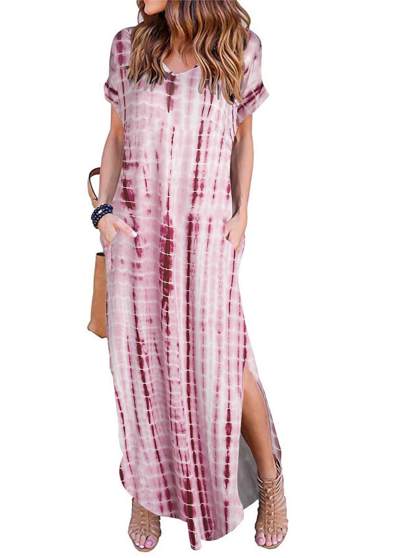 Arolina Women Summer Maxi Dress Short Sleeve V Neck Casual Loose Long Split Dresses Beach Vacation Sundress with Pockets - Image 1
