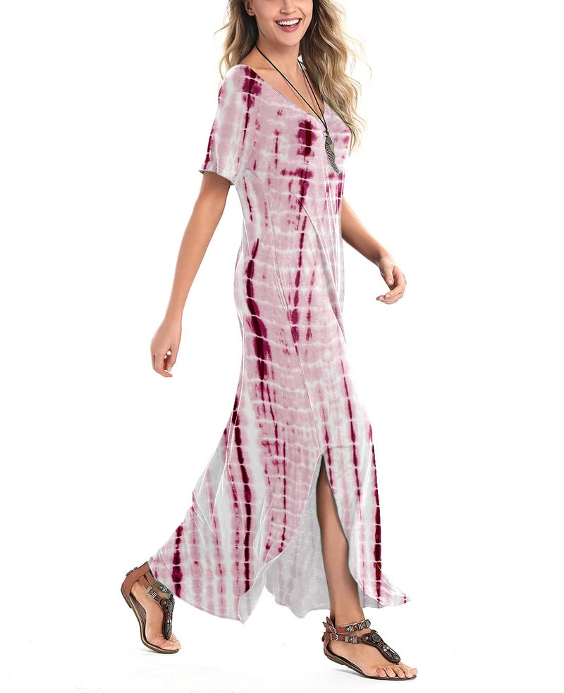 Arolina Women Summer Maxi Dress Short Sleeve V Neck Casual Loose Long Split Dresses Beach Vacation Sundress with Pockets - Image 3