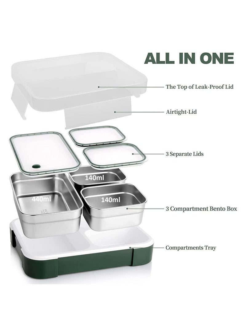 Yooyee Stainless Steel Lunch Box - Insulated Bento Box Multifunctional-Containers Lunch Box Containers with 3 Compartments(720ml green))  - Image 3