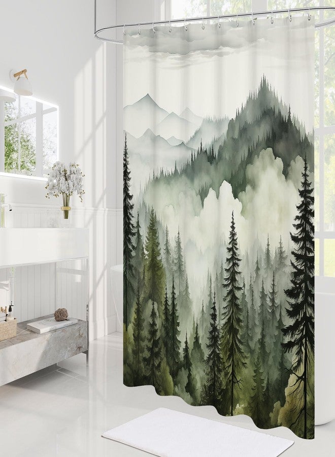 Litabel Dark Green Misty Pine Forest Shower Curtain, Mountain Foggy Woodland Scenery Tree Shower Curtains for Chic Rustic Bathroom, Abstract Modern Waterproof Nature-Themed Decor, 72x72 Inches - Image 2