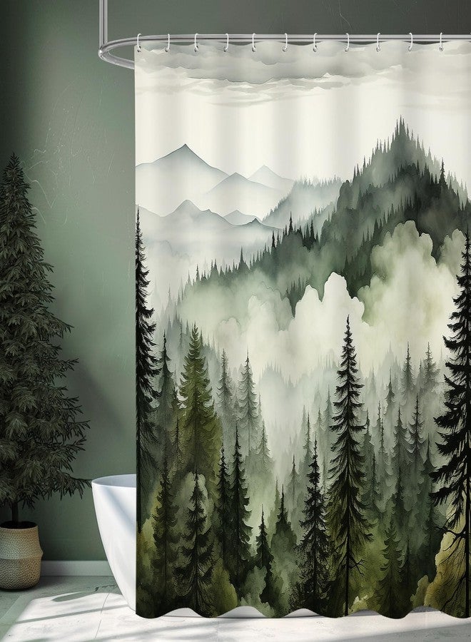 Litabel Dark Green Misty Pine Forest Shower Curtain, Mountain Foggy Woodland Scenery Tree Shower Curtains for Chic Rustic Bathroom, Abstract Modern Waterproof Nature-Themed Decor, 72x72 Inches - Image 1
