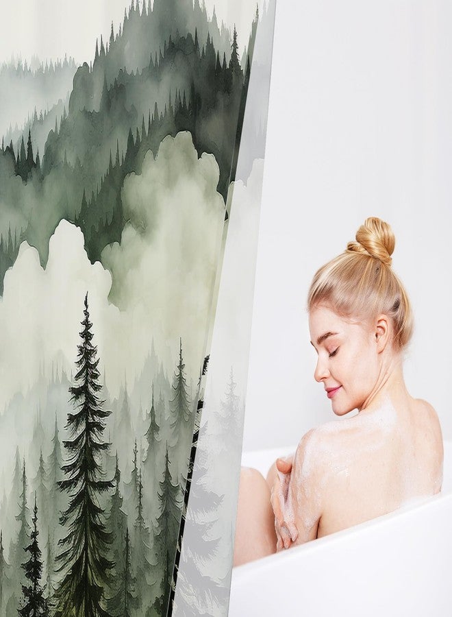 Litabel Dark Green Misty Pine Forest Shower Curtain, Mountain Foggy Woodland Scenery Tree Shower Curtains for Chic Rustic Bathroom, Abstract Modern Waterproof Nature-Themed Decor, 72x72 Inches - Image 5