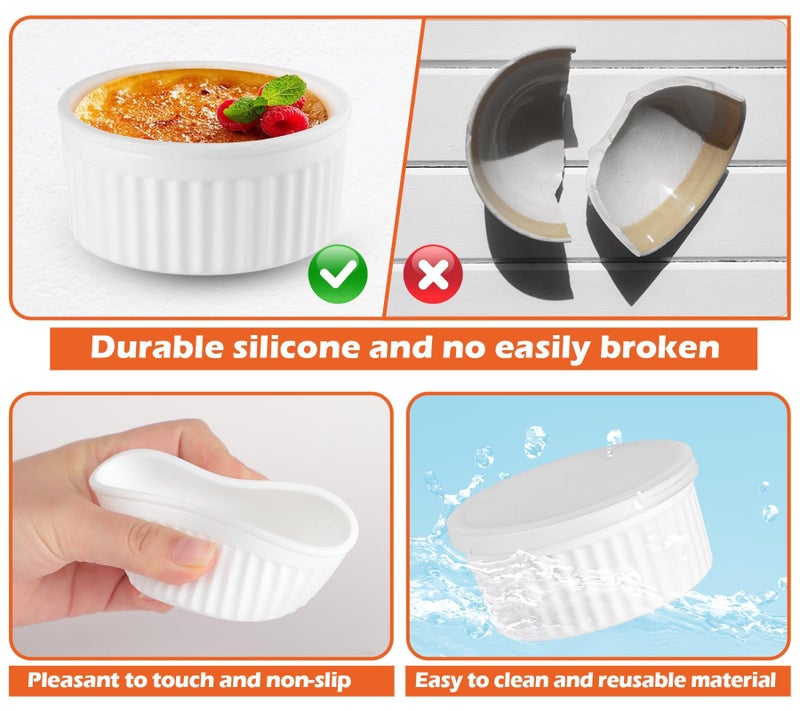 Koluti 6-Pack Nonstick Silicone 4oz Ramekins with Lids, Oven Safe Creme Brulee Baking Small Bowls, Souffle Ice Cream Pudding Dessert Dipping Sauce Cups, BPA Free, Microwave & Freezer & Dishwasher Safe - Image 5