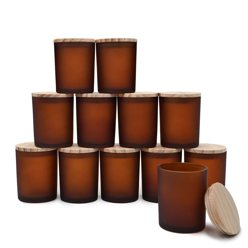 SHOWIN Thick Candle Jars for Making Candles 12 Pcs, 7 OZ Empty Jars with Wood Lids for Candle Making, Sample Container, Frosted Brown - Image 1